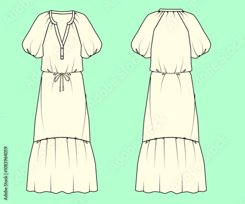 Ladies ecru colour puff sleeve midi dress vector flat sketch outline fashion illustration template.