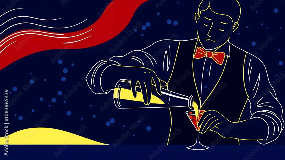Naklejka premium Elegant bartender mixing cocktail at night with artful line art design