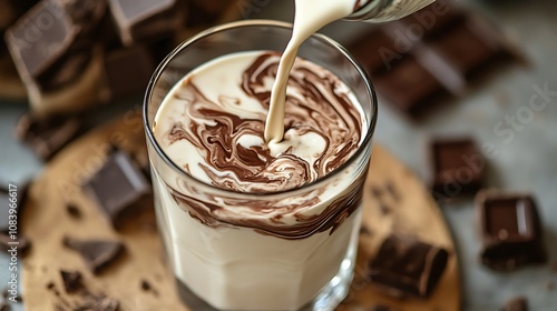 Fresh milk being poured into a glass with a chocolate mix swirling inside, creating a marbled effect photo