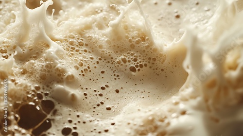 Close-up shot of a milk frother mixing milk and coffee together to create a foamy texture photo