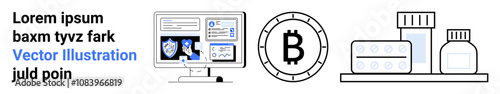 Computer monitor with stats and graphs, Bitcoin symbol, various medical containers. Ideal for financial, healthcare, technology, cryptocurrency, medical research, pharmacy, statistical analysis
