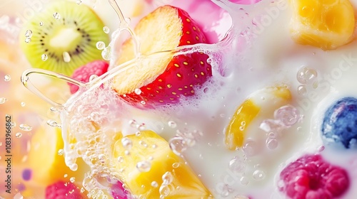 A blender with milk and fruit being mixed together, with vibrant colors of the fruit visible in the milk photo