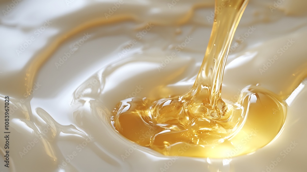 A bowl of milk with honey being stirred in, creating a smooth and glossy texture