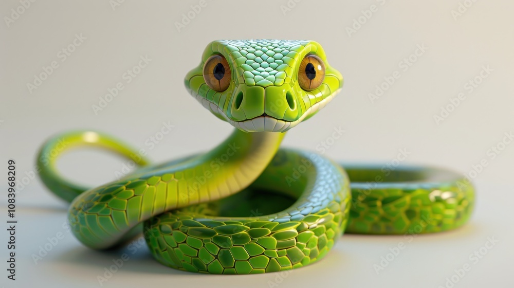 Fototapeta premium Snake cartoon 3D render style with white background.