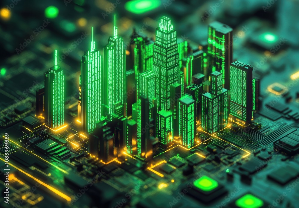 Obraz premium Cityscape on Circuit Board.