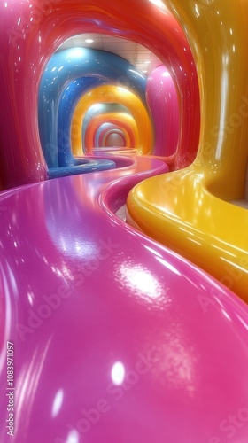 Colorful, winding tunnel with glossy, vibrant surfaces.