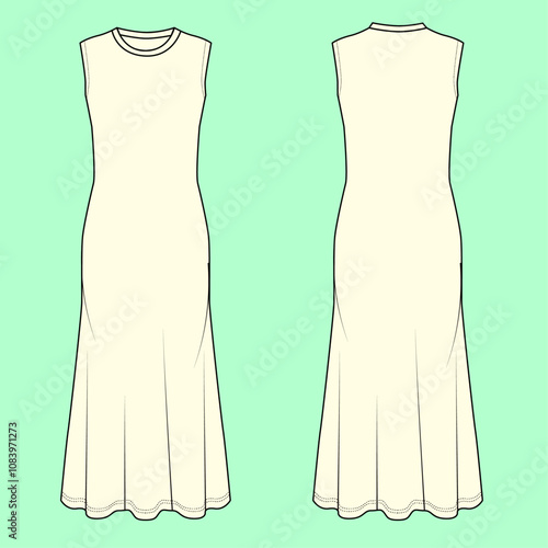 Ladies ecru colour sleeveless midi dress vector flat sketch outline fashion illustration template.