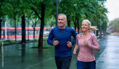 A middle-aged couple is jogging in the city park while it is raining. happy couple jogging together.