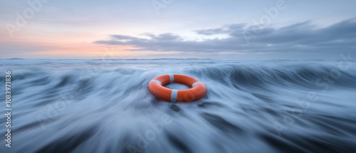 life preserver floating in ocean waves during sunset