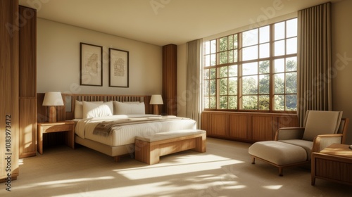 Wallpaper Mural Modern and Cozy Bedroom Interior with Natural Light and Wooden Furniture, Featuring Large Windows and Minimalist Decoration in a Tranquil Setting Torontodigital.ca