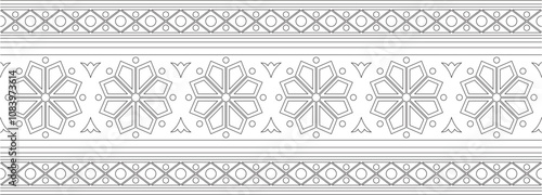 Vector endless black contour ancient Russian ornament. Seamless Slavic border, frame. Painting of the royal chambers