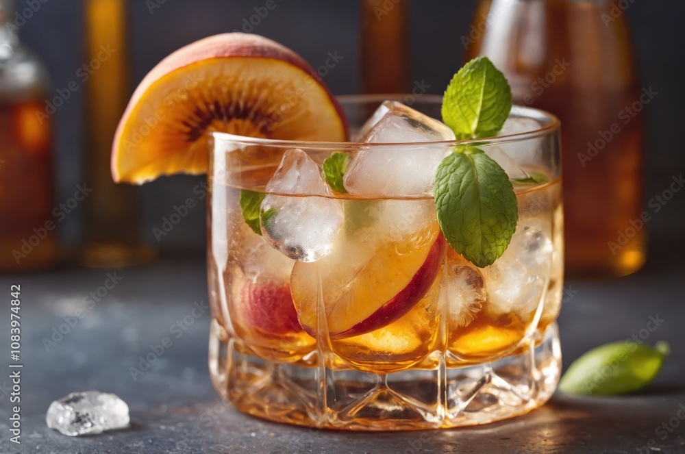 Fototapeta premium Peach ice tea, Glass of refreshing drink, Sliced peaches, Ice cubes, Mint leaves, Condensation on glass, Dark moody background, Soft lighting, Food photography, Beverage styling, Summer drink, Rustic 