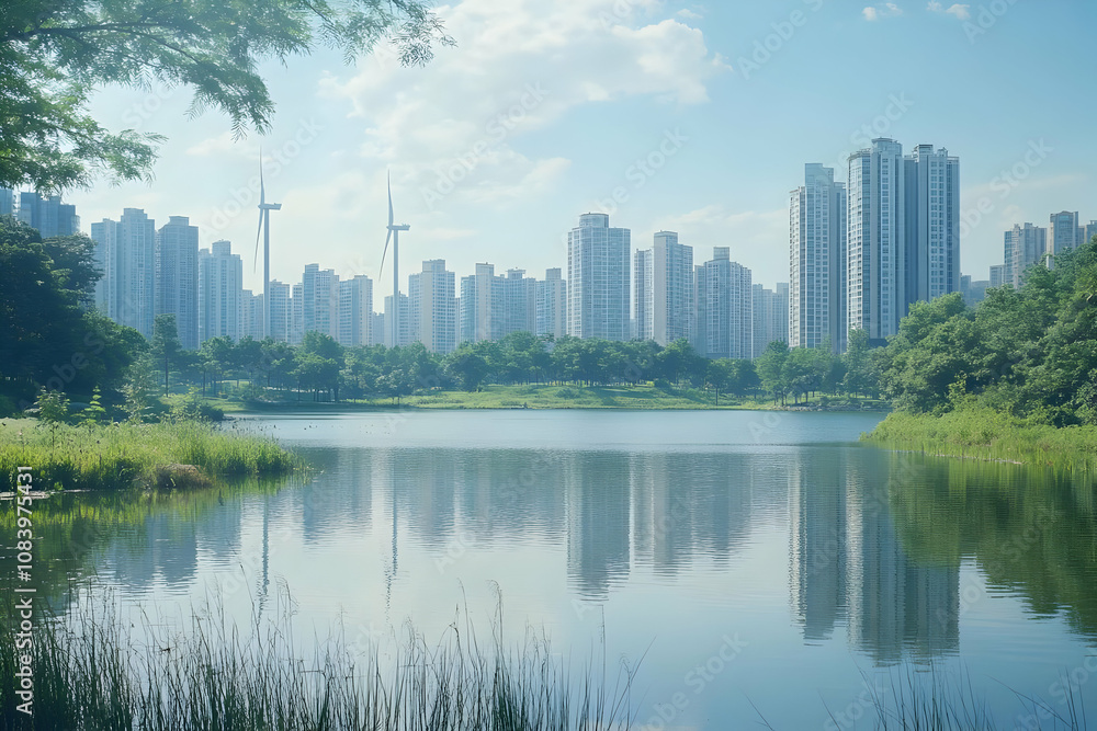 Fototapeta premium Photo - Serene Cityscape Reflections on a Calm Lake