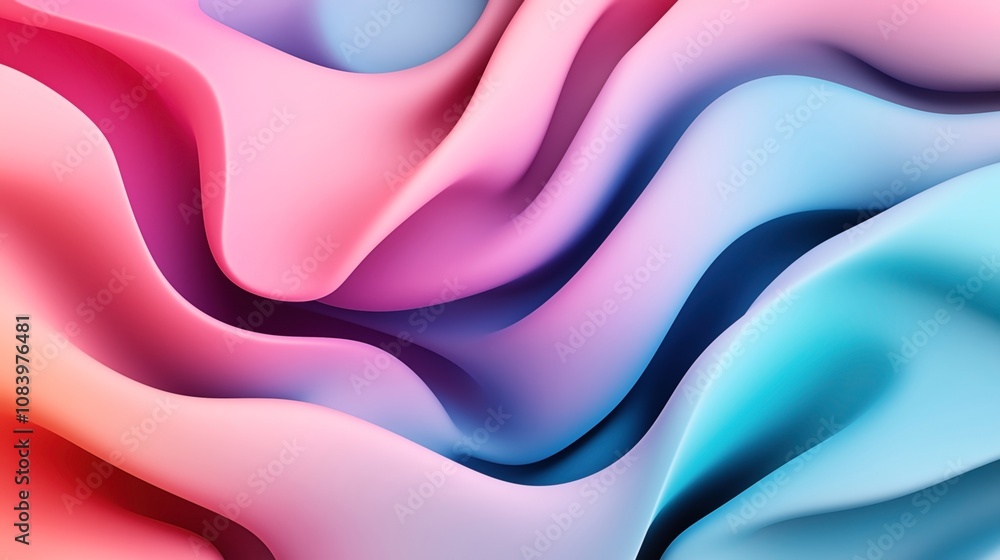 Fototapeta premium Abstract image featuring vibrant, flowing waves of color in shades of pink, blue, and purple, resembling soft fabric or liquid with smooth gradients and curves.