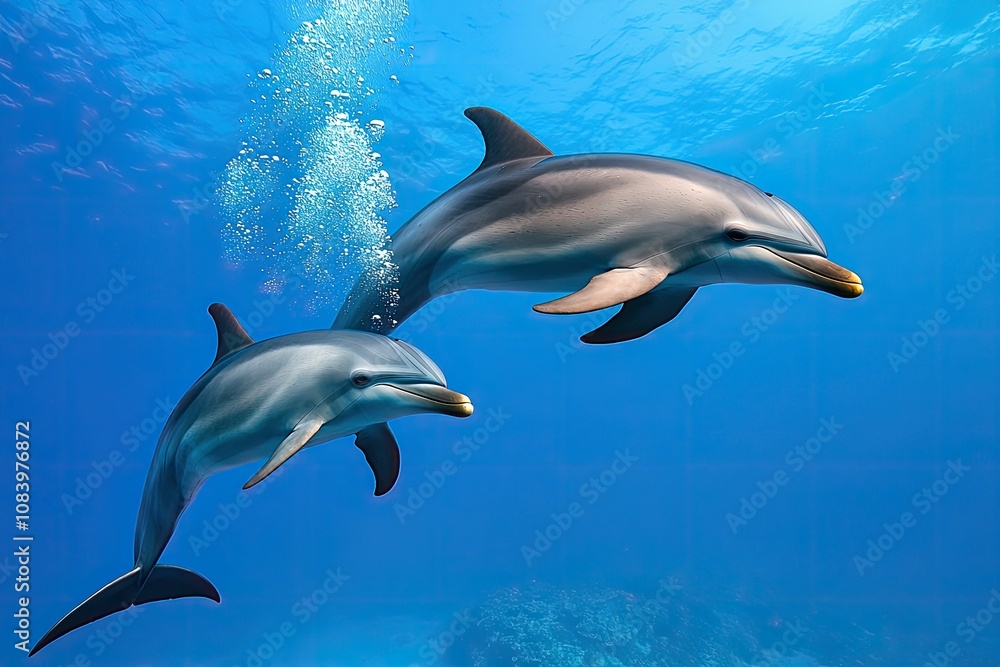 Fototapeta premium animal love and bond concept, A stunning underwater scene featuring two dolphins swimming gracefully in clear blue water, showcasing their playful nature.