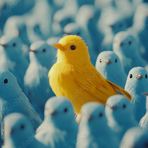 3D Illustration - Yellow Bird Among Blue Birds photo