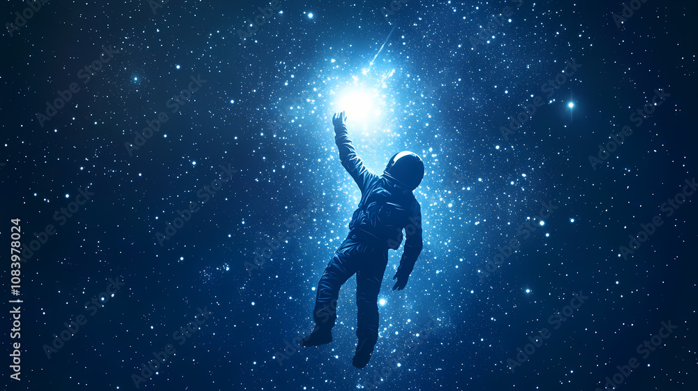 Fototapeta premium Spaceman reaching star. space travel. person in spacesuit. Galactic. Illustration