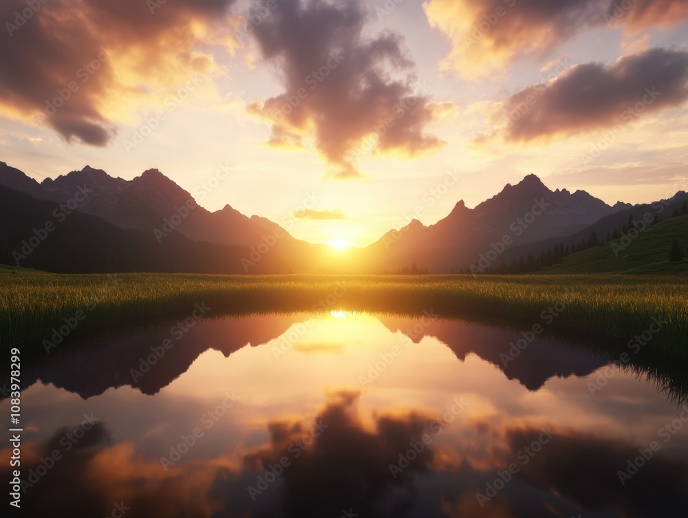Fototapeta premium serene sunset reflection over mountains and a tranquil lake