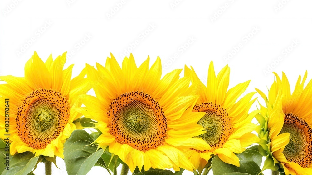 Fototapeta premium Vibrant Yellow Sunflowers on White Background Close-up of Blooming Helianthus Annuus for Summer Designs