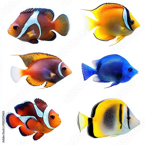 Six Vibrant Tropical Reef Fish Clownfish, Angelfish, and Butterflyfish Isolated on White Background - High-Resolution Stock Photo photo