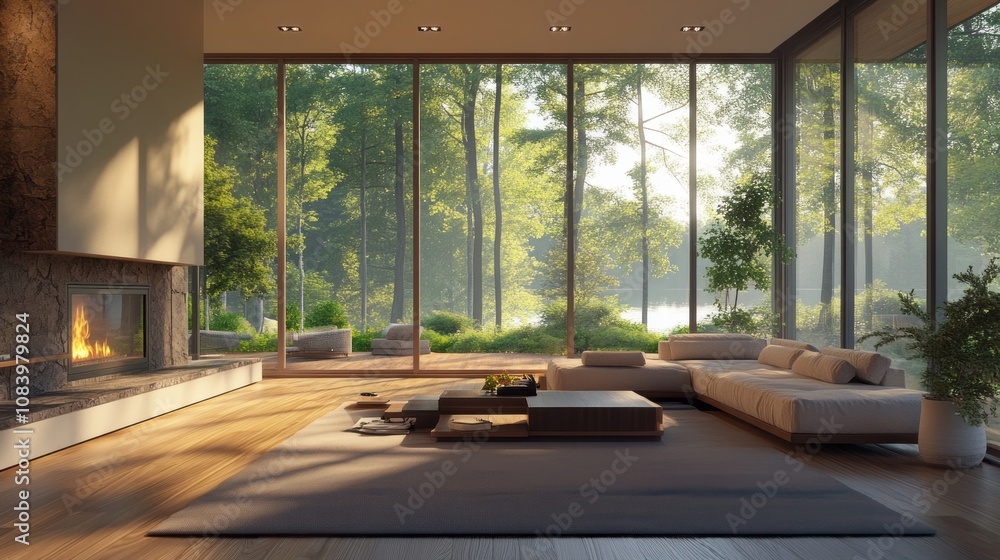 Fototapeta premium A large living room with a fireplace and a large window