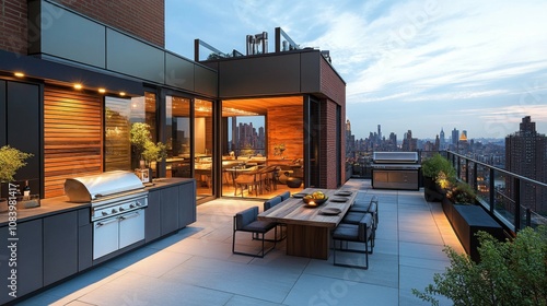 Rooftop Terrace with City View, Modern Outdoor Kitchen, and Dining Table