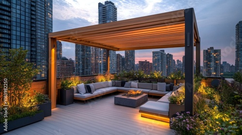 Wallpaper Mural Modern Rooftop Terrace with Fire Pit and Cityscape View Torontodigital.ca