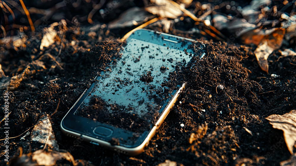 custom made wallpaper toronto digitalClose-up of a biodegradable smartphone disintegrating into soil, vibrant natural colors