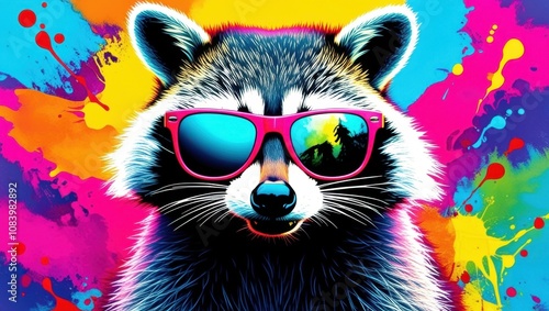 Colorful raccoon portrait, neon sunglasses, vibrant rainbow background, paint splatter effect, pop art style, digital illustration, psychedelic colors, whimsical animal art, bright contrasting hues, f