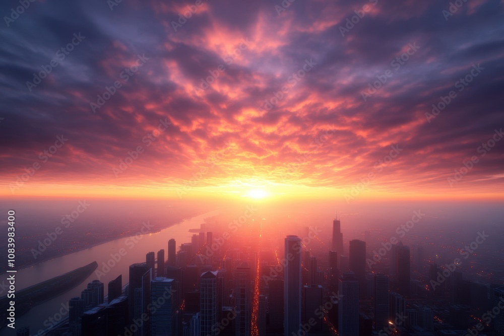 Fototapeta premium stunning sunset over a city skyline with dramatic clouds and river