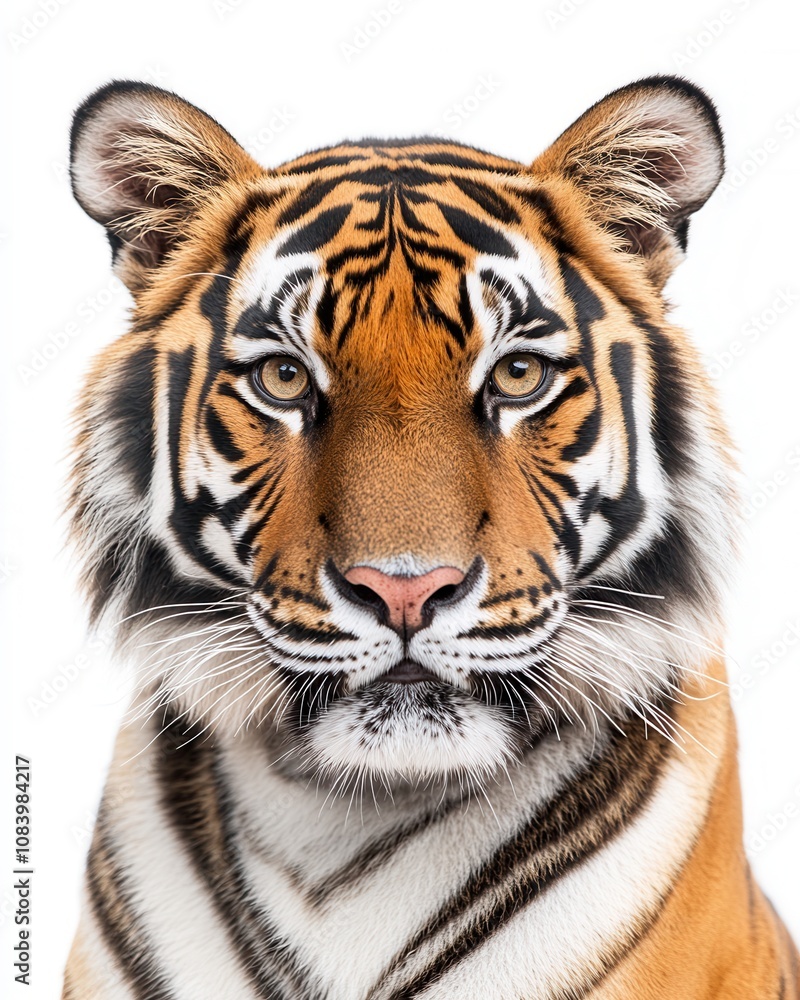 Obraz premium Majestic Close-Up Portrait of a Sumatran Tiger Against a White Background - Powerful Wildlife Photography
