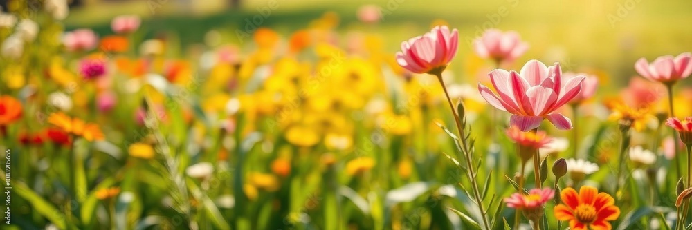 Fototapeta premium Vibrant yellow daffodil flowers blooming in a meadow under a clear blue sky, outdoors, landscape
