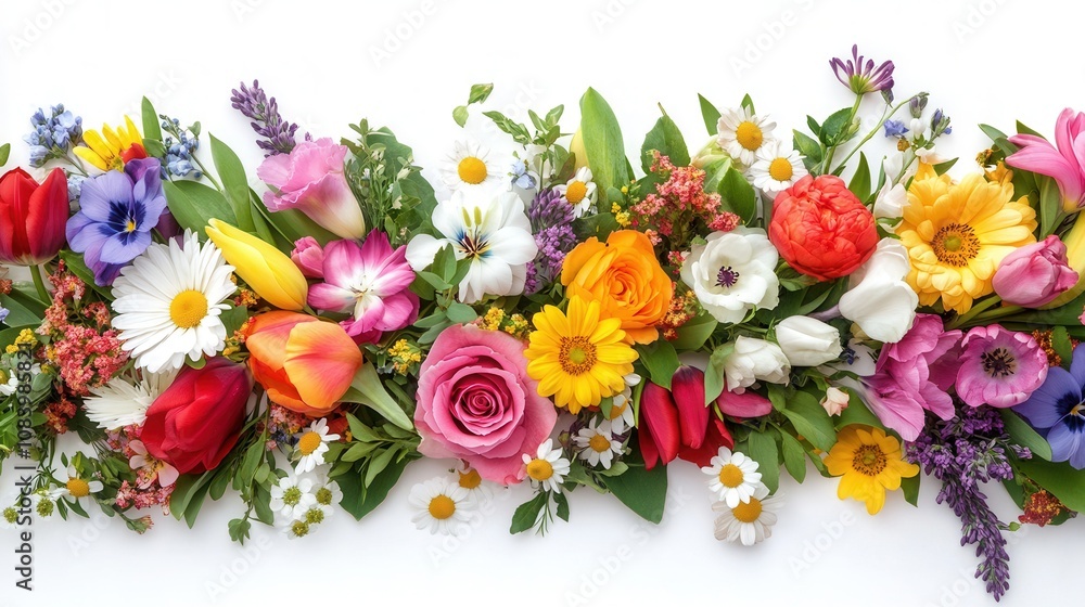 Obraz premium Vibrant Spring Flower Border Colorful Bouquet of Tulips, Roses, Daisies, and More on White Background - Perfect for Greeting Cards, Invitations, and Spring Themes