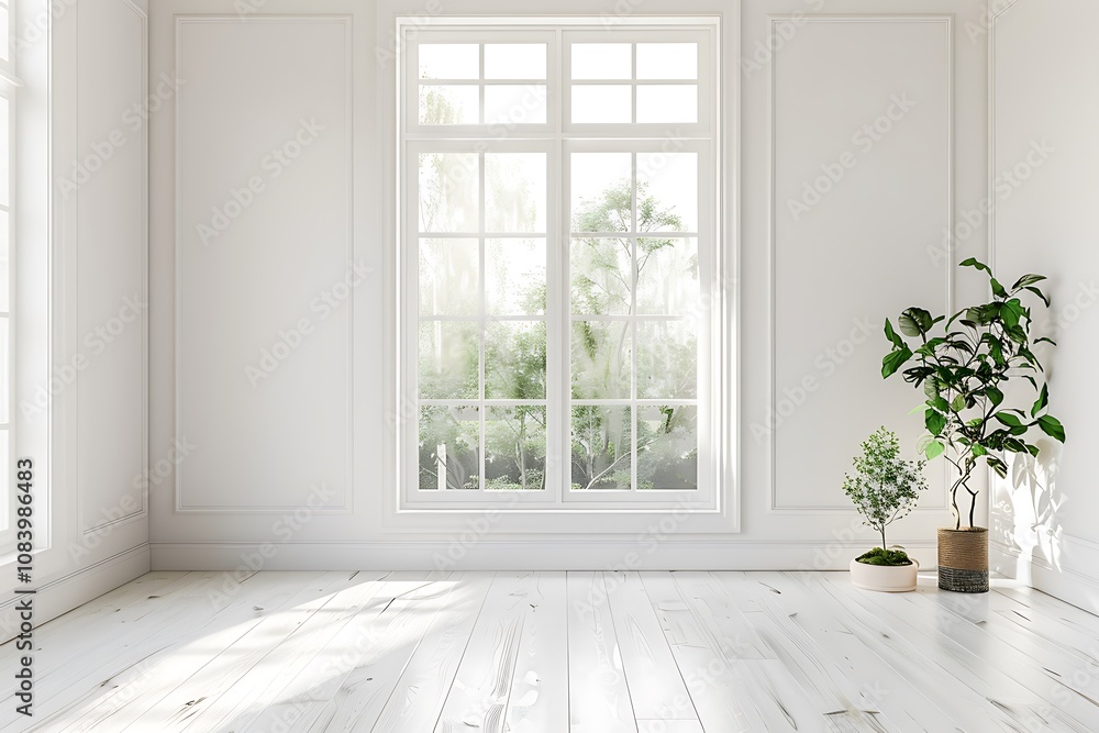 Fototapeta premium Scandinavian style, white room with window, summer view, home design, copy space for text, 3D rendering.