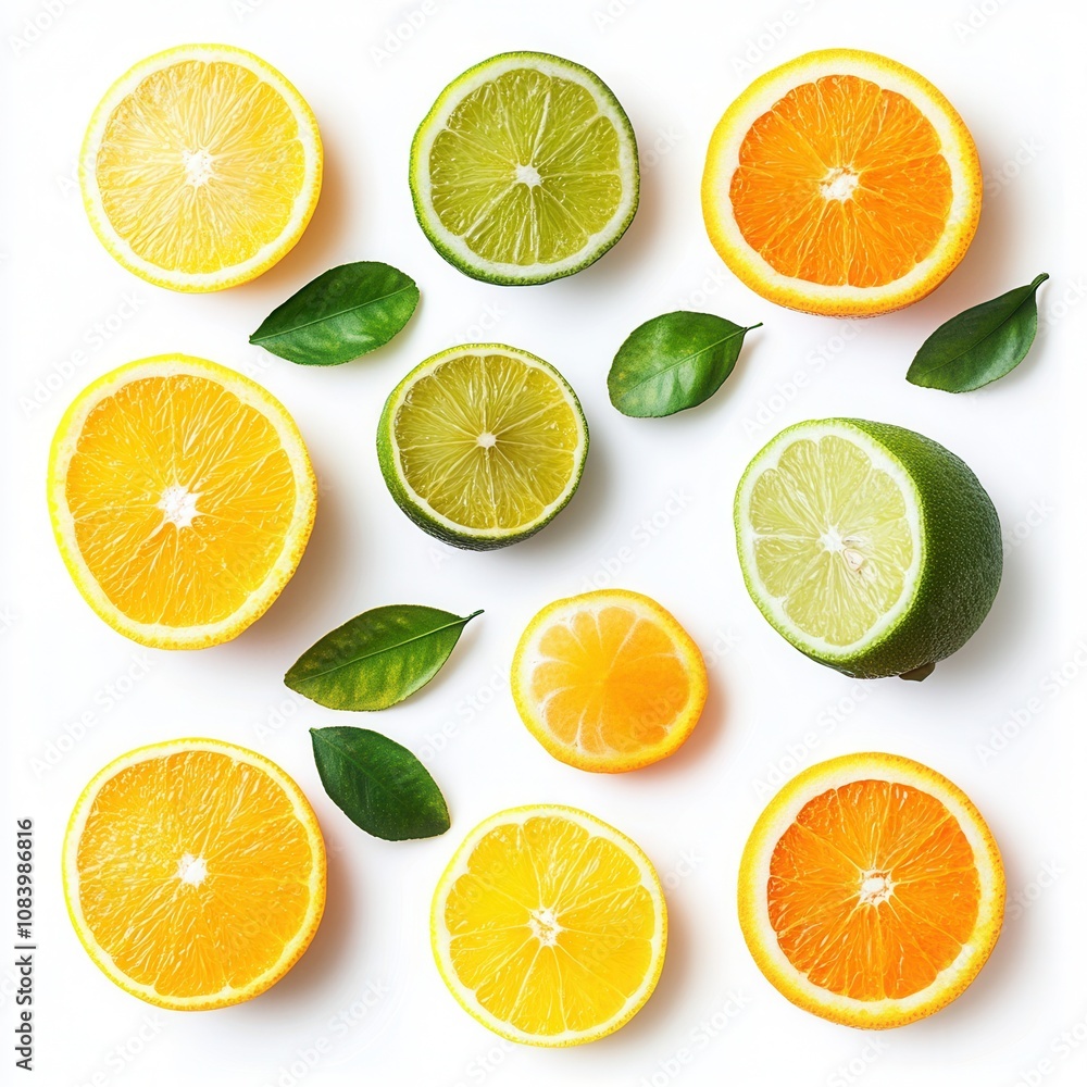 Fototapeta premium Vibrant Citrus Fruit Slices with Green Leaves Flat Lay of Oranges, Lemons, and Limes on White Background