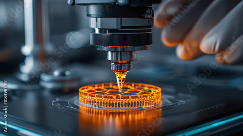 Advanced 3D printing technology is showcased with close up of printer nozzle depositing orange resin onto circular platform, highlighting precision and innovation in manufacturing