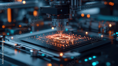 Innovative technology in action, showcasing precision laser engraving machine creating intricate designs on surface. vibrant colors and details highlight modern manufacturing