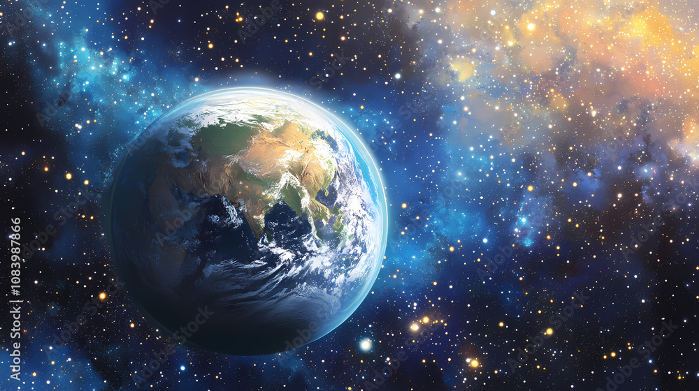 Fototapeta premium New earth split illustration, meditation cover, thumbnail. Galactic. Illustration