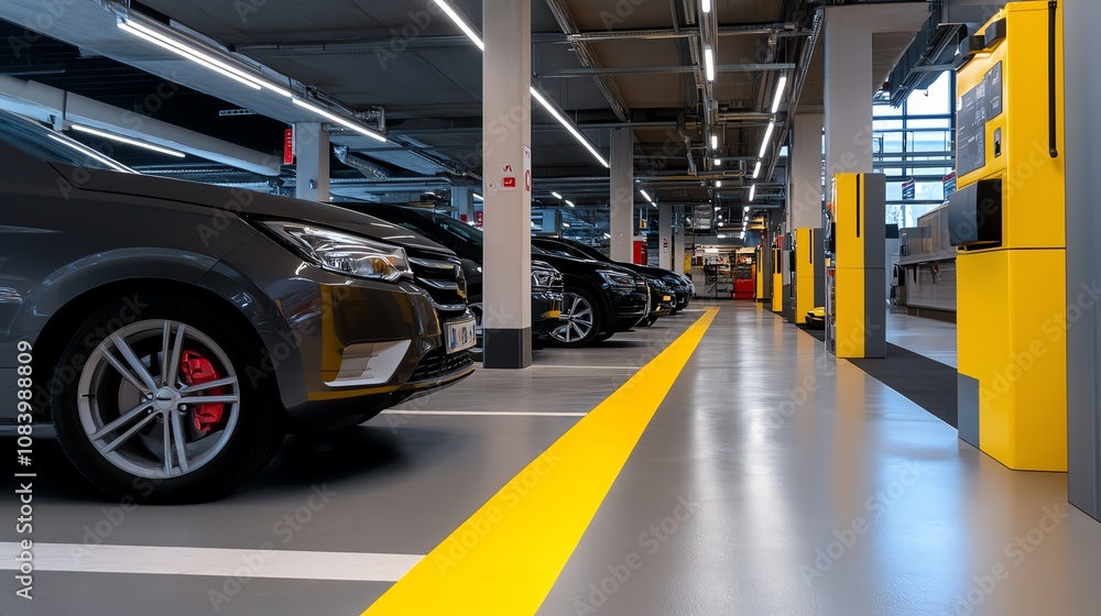Obraz premium Car rental inspection bay with tools and cleaning equipment
