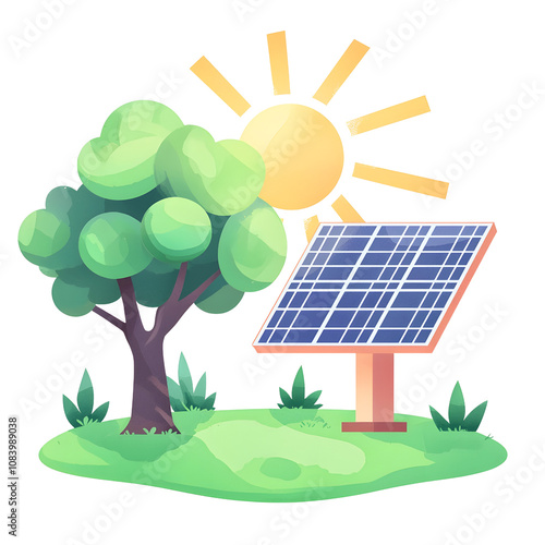 Bright and Sunny Day with Solar Panel in a Green Landscape Surrounded by Lush Trees and Sun, Symbolizing Renewable Energy and Sustainability photo