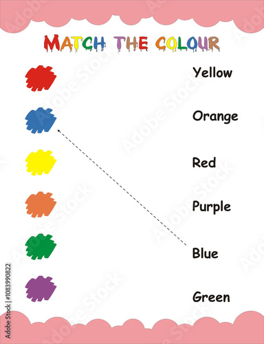 Preschool worksheet for kids. Matching color names with colorful blobs.
