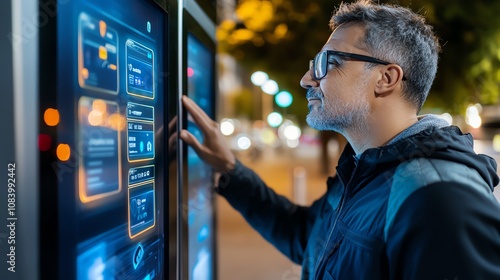 Customer scanning driver s license at selfservice rental kiosk
