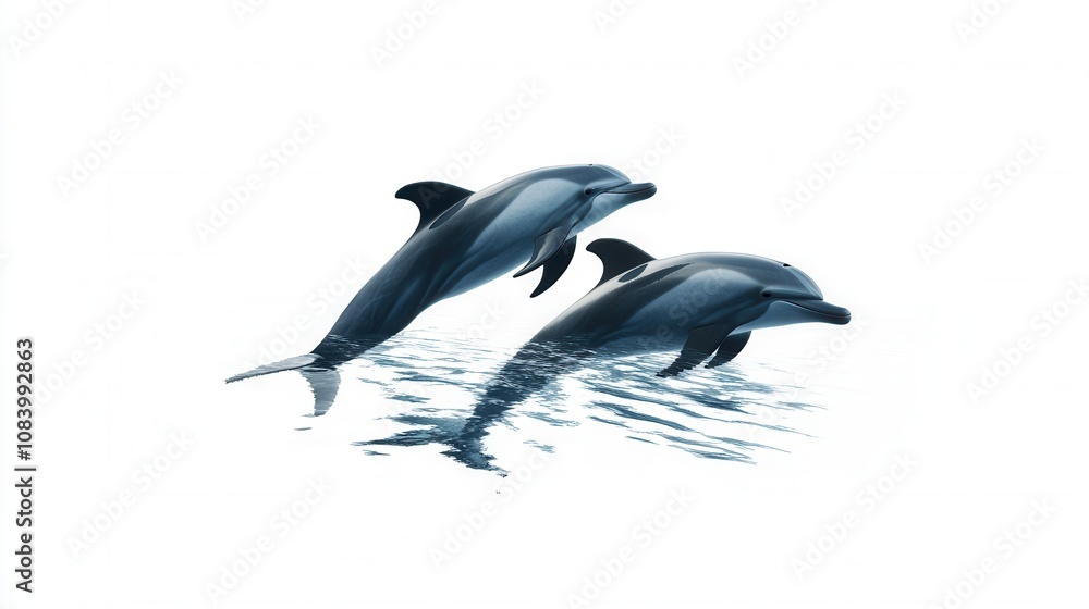 Fototapeta premium Two Dusky Dolphins Leaping Gracefully from the Ocean Stunning Wildlife Photography on White Background