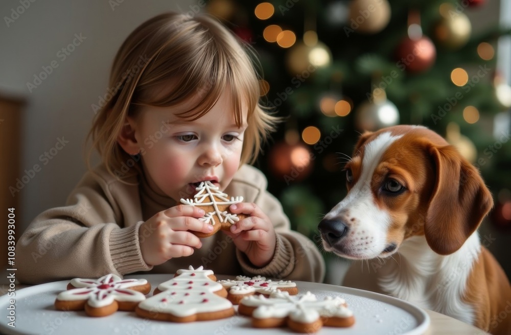 Naklejka premium A child eats Christmas cookies of various shapes (gingerbread men, Christmas trees, snowflakes) in sugar icing. Nearby, a beagle dog watches. Christmas mood