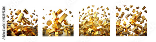 Golden Explosion: Abstract 3D render of four panels showcasing a dynamic explosion of golden fragments, creating a luxurious and energetic visual effect.