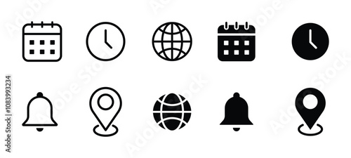 Address location icon. Stopwatch timer icon. Notification bell icon. Date Calendar icon. Website global icon. Web vector feel and outline icons set.