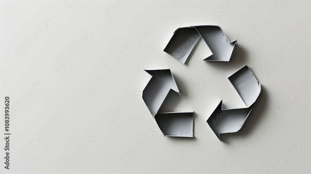 Obraz premium Symbols banner with close-up of recycling symbol on white surface, soft shadows, space for text on the side