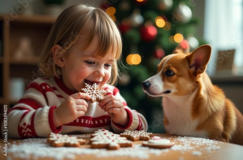 A child eats Christmas cookies of various shapes (gingerbread men, Christmas trees, snowflakes) in sugar icing. Nearby, a corgi dog watches. Christmas mood photo