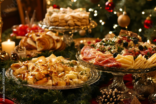 A table topped with plates of food next to a christmas tree photo