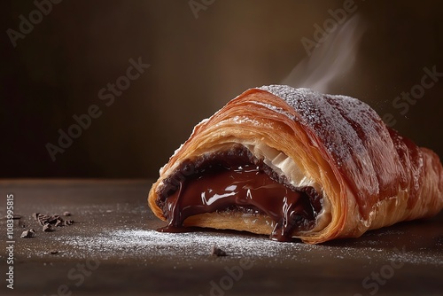 A chocolate croissant oozing warm, gooey chocolate filling, with crispy golden layers and powdered sugar dusting. Food Photography, Menu Style Photo Image photo